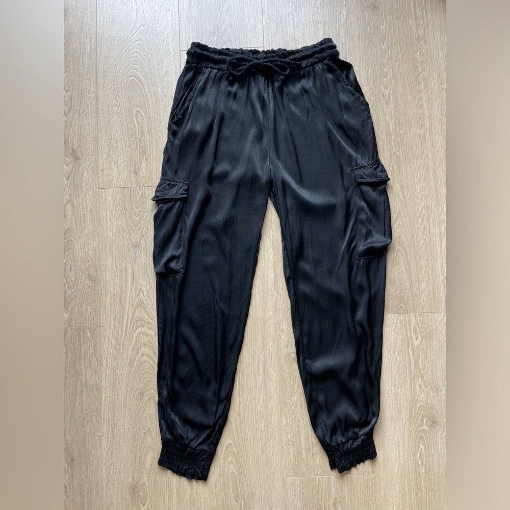 POIS Satin Cargo Joggers Black Charcoal Drawstring Size S Made in Italy